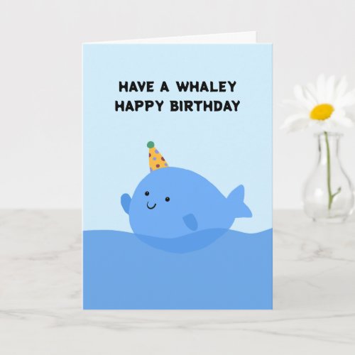 Cute Lovely Blue Whale Birthday Hat Pun Birthday Card