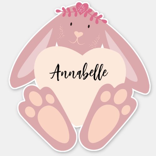 Cute Lovely Girly Pink Bunny With Heart Flowers Sticker