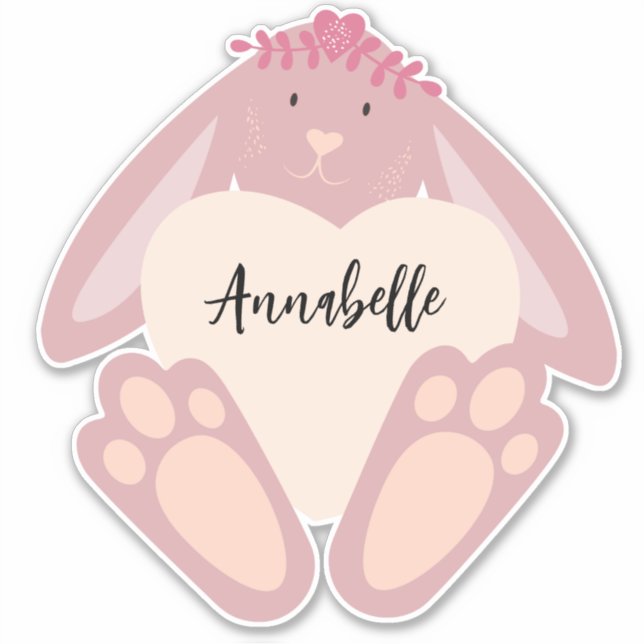 Cute Lovely Girly Pink Bunny With Heart Flowers Sticker (Front)