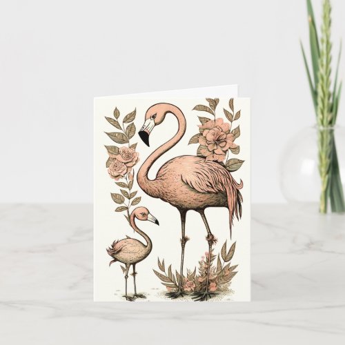 Cute Lovely Mother and Baby Flamingo Illustration Card