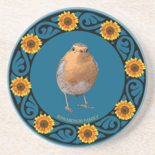 Cute lovely Robin bird sunflower monogram name Coaster