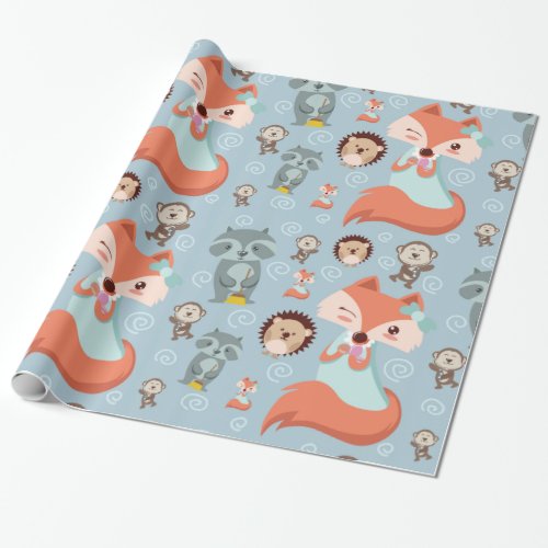 Cute Lovely woodland animals fox raccon kids Wrapping Paper