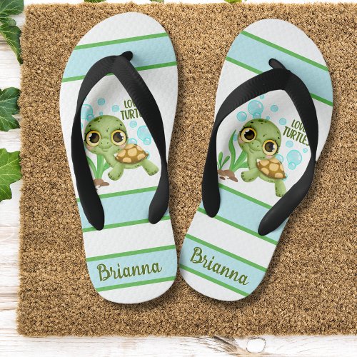 Cute Loves Turtles Personalized Sea Turtle Kids Flip Flops