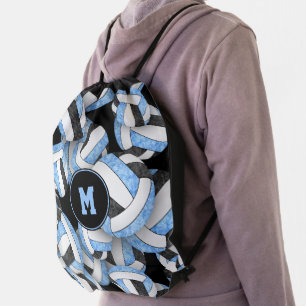 Cute lt blue black volleyballs pattern drawstring bag