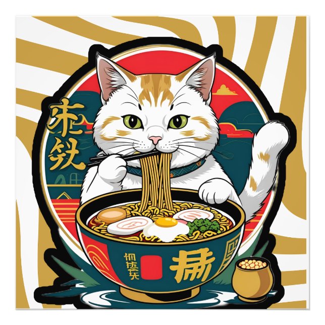 Cute Lucky Cat Eating Ramen Bowl Illustration Photo Print (Front)
