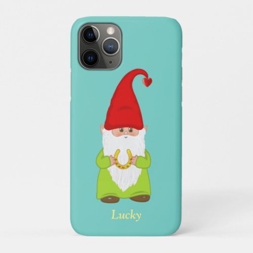 Cute Lucky Gnome with Horseshoe on Teal iPhone 11 Pro Case