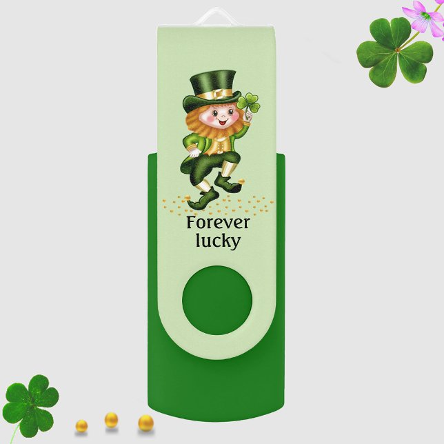 Cute Lucky Green Gnome on Light Green & Monogram Flash Drive (Creator Uploaded)