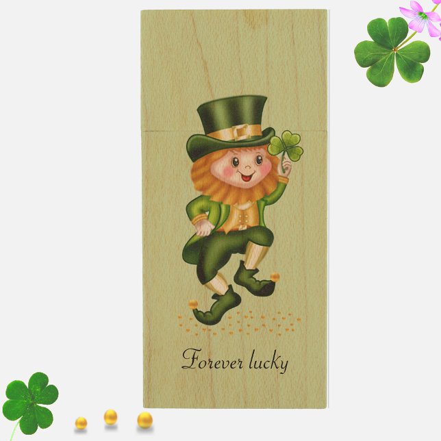 Cute Lucky Green Gnome on Light Green & Monogram Wood Flash Drive (Creator Uploaded)