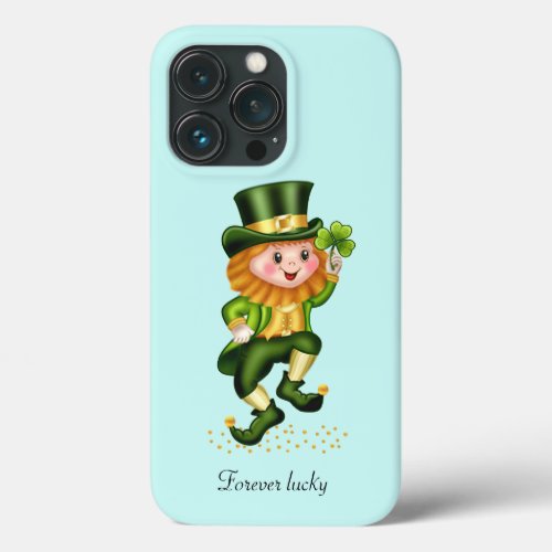 Cute Lucky Green Gnome on Light Turquoise Blue iPhone 13 Pro Case