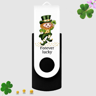 Cute Lucky Green Gnome on White & Monogram Flash Drive