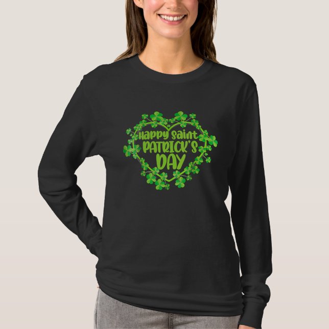 Cute Lucky Heart Shamrock Happy St Patricks Day Fa T-Shirt (Front)