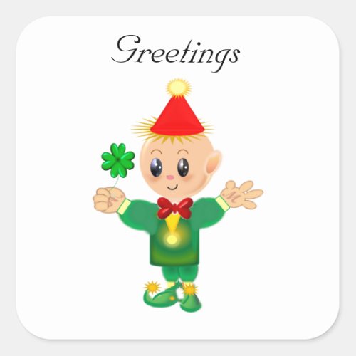 Cute lucky leprechaun with clover Greetings Square Sticker