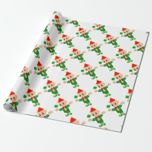 Cute lucky leprechaun with clover wrapping paper