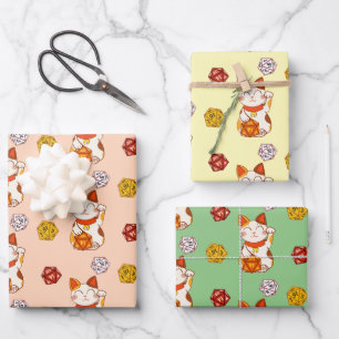 Cute Lucky Maneki-neko Gamer Dice Pattern Wrapping Paper Sheets