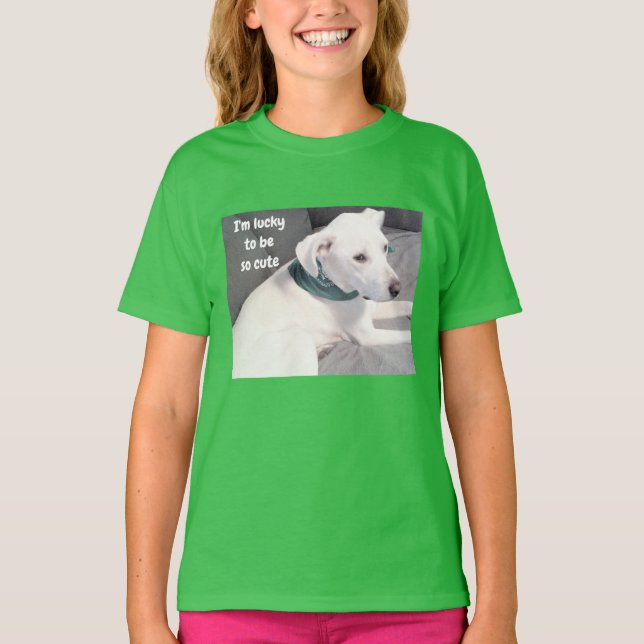 Cute Lucky Puppy Dog Wearing Green Scarf T-Shirt (Front)