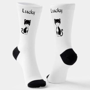 Cute Lucky Tuxedo Cat on White Socks