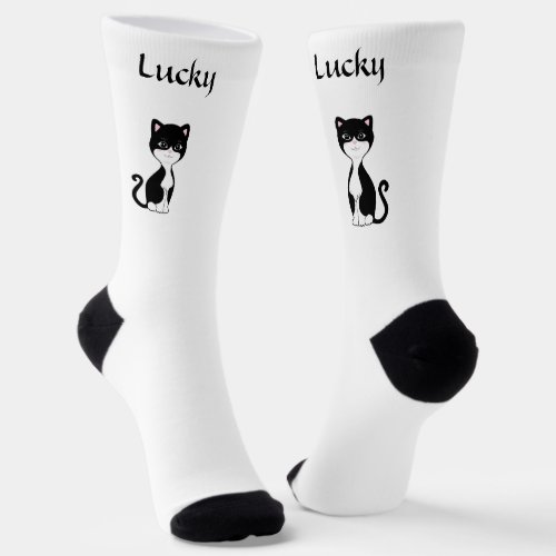 Cute Lucky Tuxedo Cat on White Socks