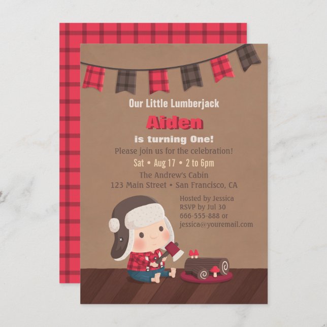 Cute Lumberjack 1st Birthday Party Invitations (Front/Back)