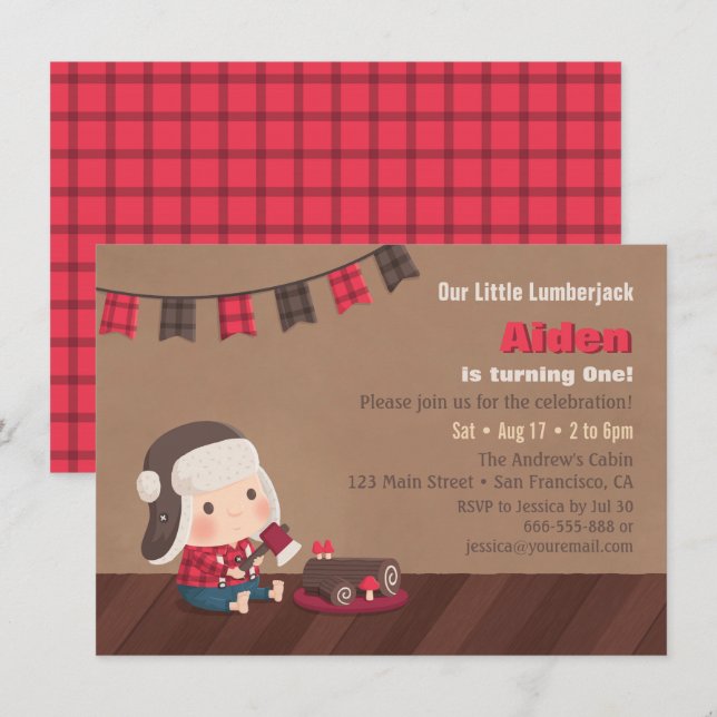 Cute Lumberjack Baby First Birthday Invitations (Front/Back)