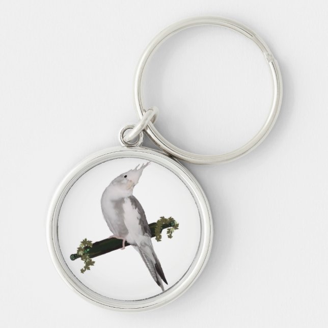 Cute Lutino Cockatiel Bird Ivy Perch Animal Keychain (Front)