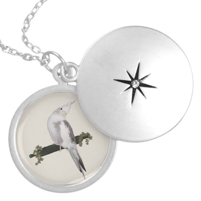 Cute Lutino Cockatiel Bird Ivy Perch Animal Locket Necklace (Front)