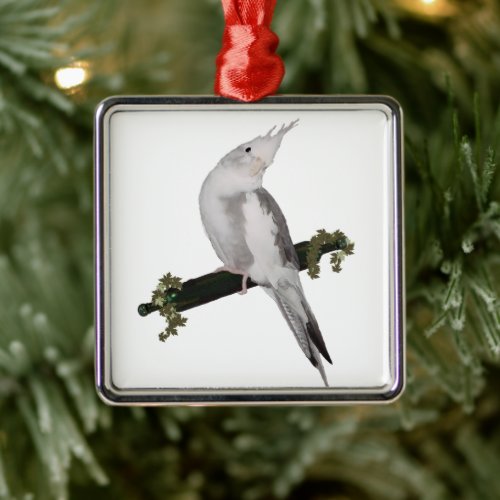 Cute Lutino Cockatiel Bird Ivy Perch Animal Metal Ornament