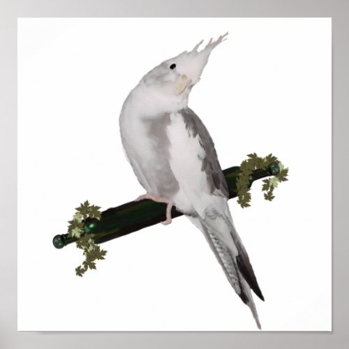 Cute Lutino Cockatiel Bird Ivy Perch Animal Poster