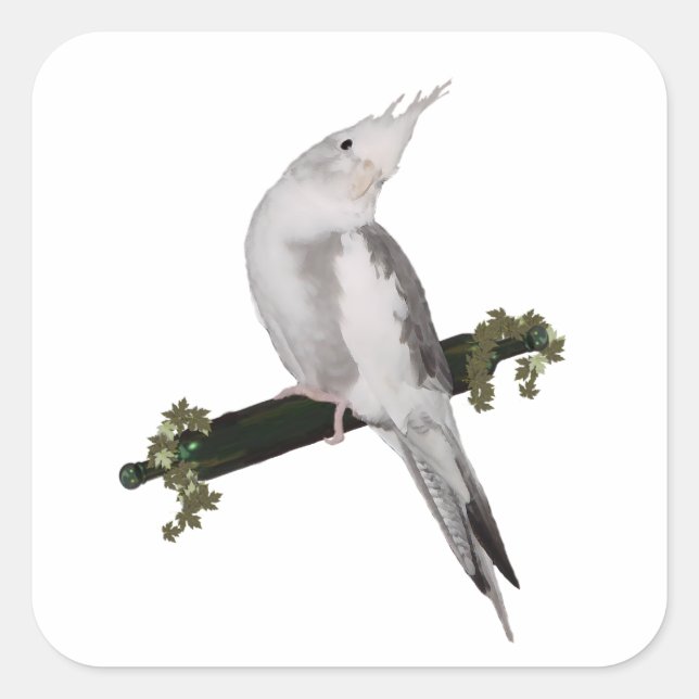 Cute Lutino Cockatiel Bird Ivy Perch Animal Square Sticker (Front)