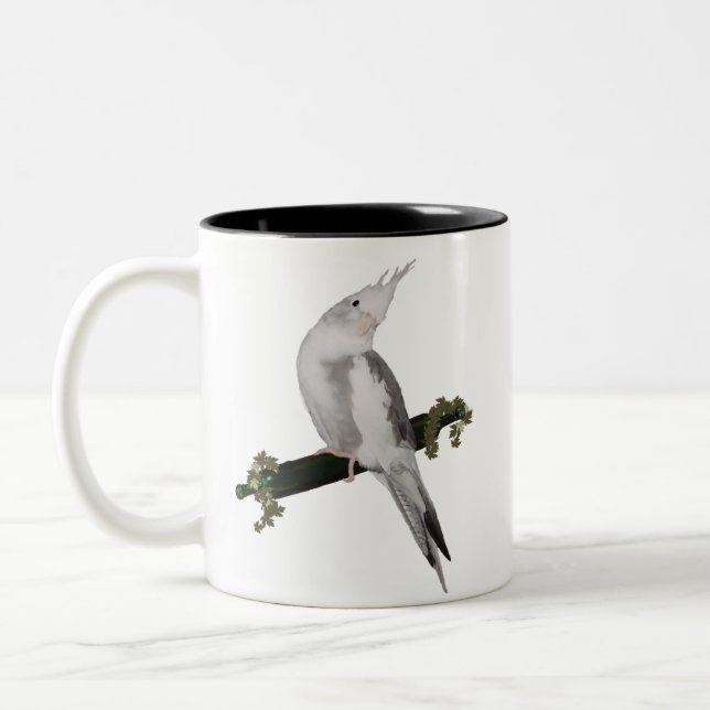 Cute Lutino Cockatiel Bird Ivy Perch Animal Two-Tone Coffee Mug (Left)