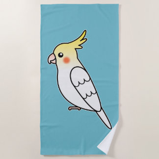 Cute Lutino Cockatiel Cartoon Bird Illustration Beach Towel