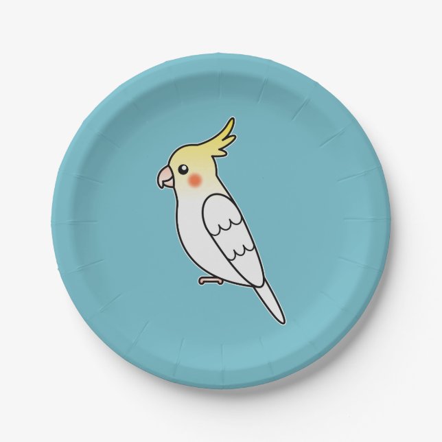 Cute Lutino Cockatiel Cartoon Bird Illustration Paper Plates (Front)