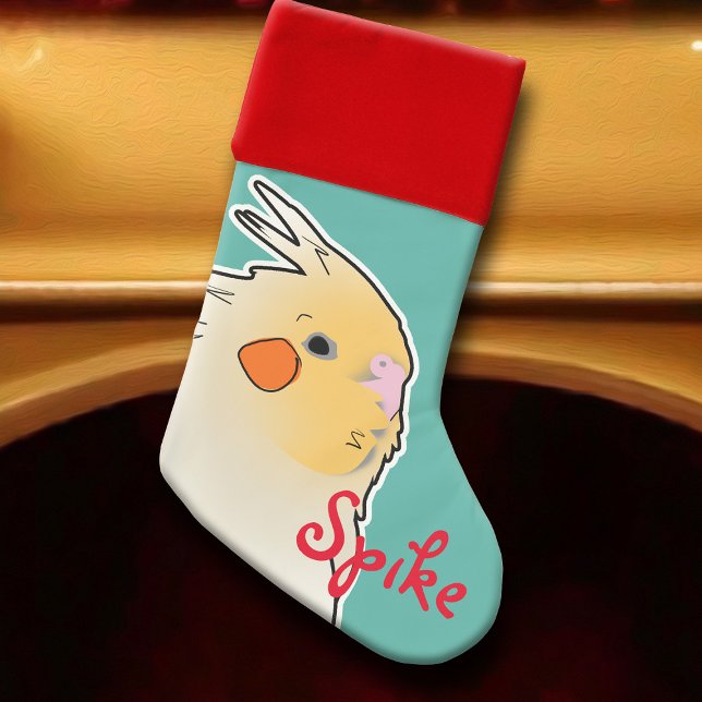 Cute Lutino Cockatiel Yellow Pet Bird Name Holiday Christmas Stocking (Christmas Cockatiel personalized pet bird holiday stocking)