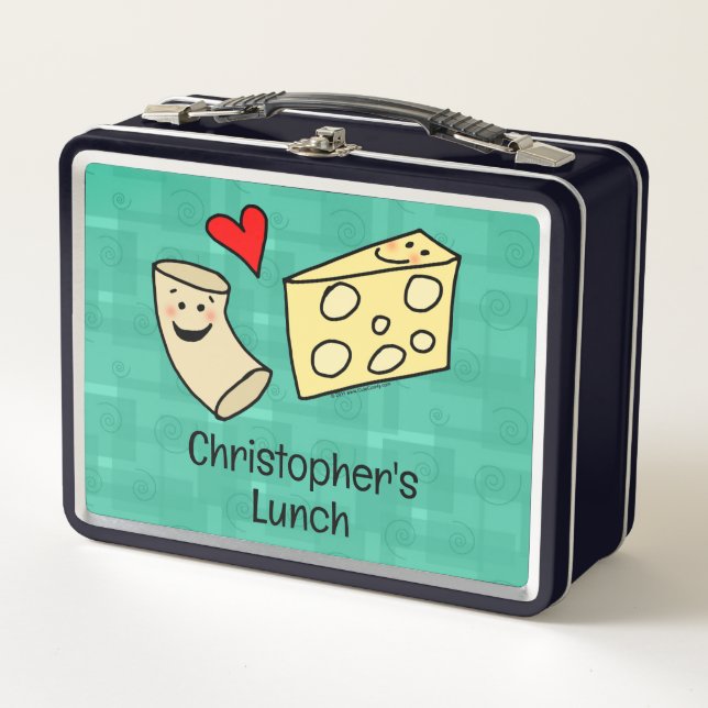 Cute Mac Loves Cheese Macaroni Custom Kids Name Metal Lunch Box (Front)