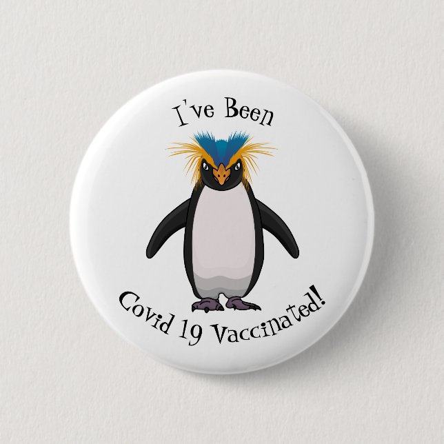 Cute macaroni penguin cartoon illustration button (Front)