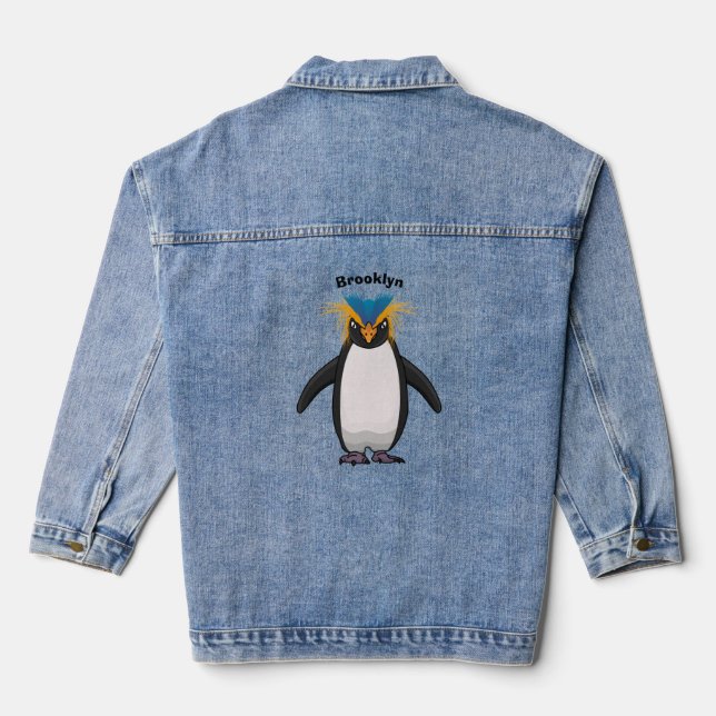 Cute macaroni penguin cartoon illustration denim jacket (Back)