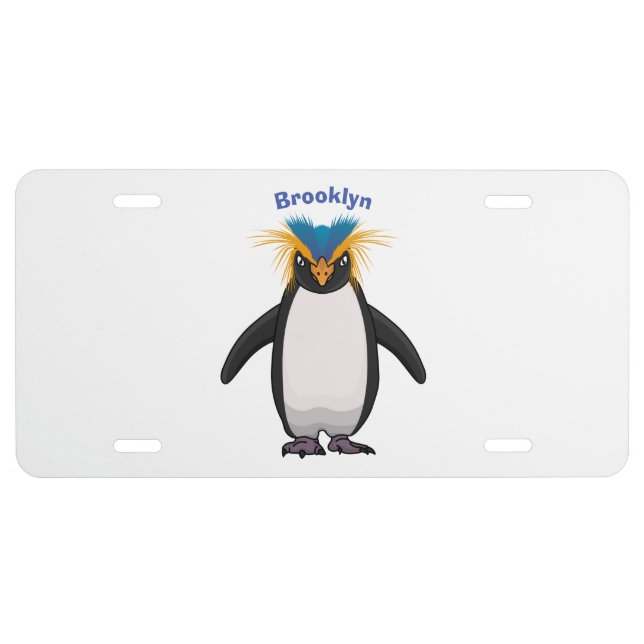 Cute macaroni penguin cartoon illustration license plate (Front)