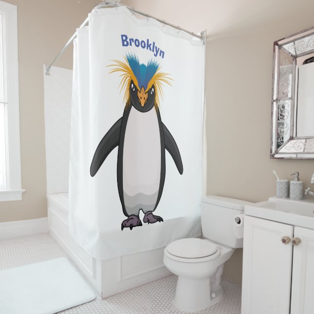 Cute macaroni penguin cartoon illustration shower curtain (In Situ)
