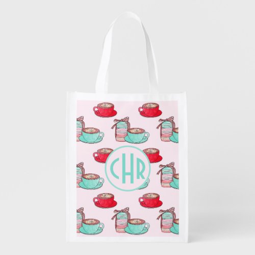 Cute Macarons and Cappuccino  Pastel  Monogram Grocery Bag