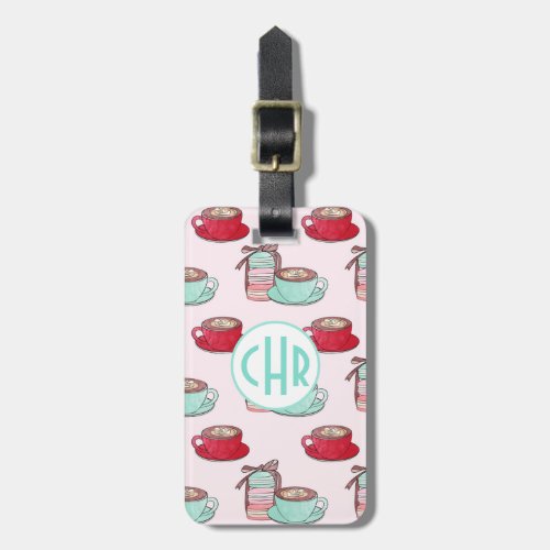 Cute Macarons and Cappuccino  Pastel  Monogram Luggage Tag