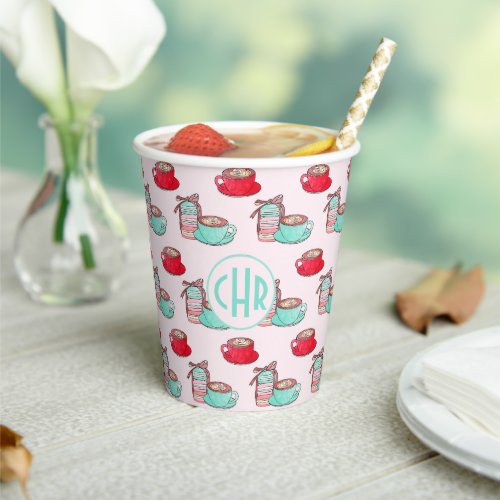 Cute Macarons and Cappuccino  Pastel  Monogram Paper Cups