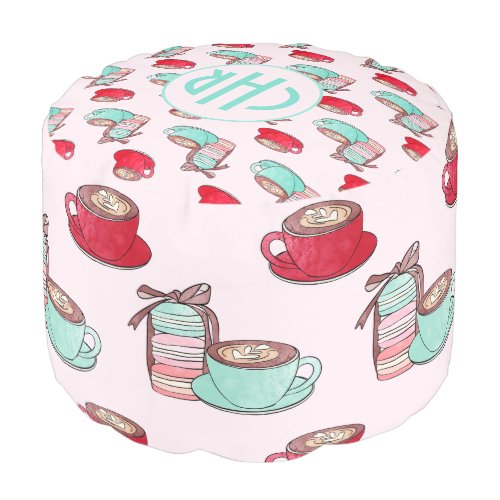 Cute Macarons and Cappuccino  Pastel  Monogram Pouf