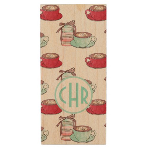 Cute Macarons and Cappuccino  Pastel  Monogram Wood Flash Drive