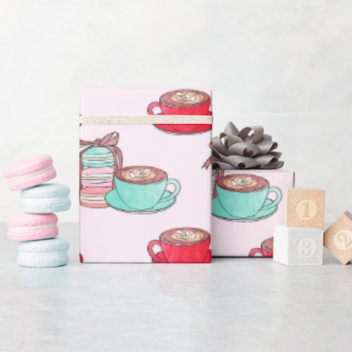 Cute Macarons and Cappuccino  Pastel Wrapping Paper