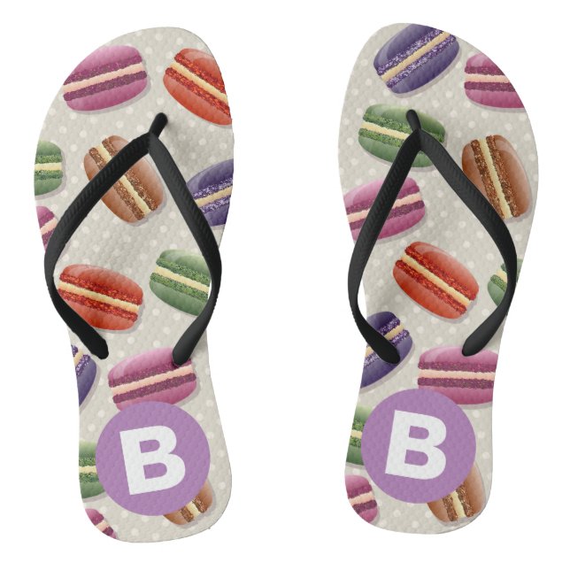 Cute Macaroon Pattern Dotty Purple Monogram Flip Flops (Footbed)