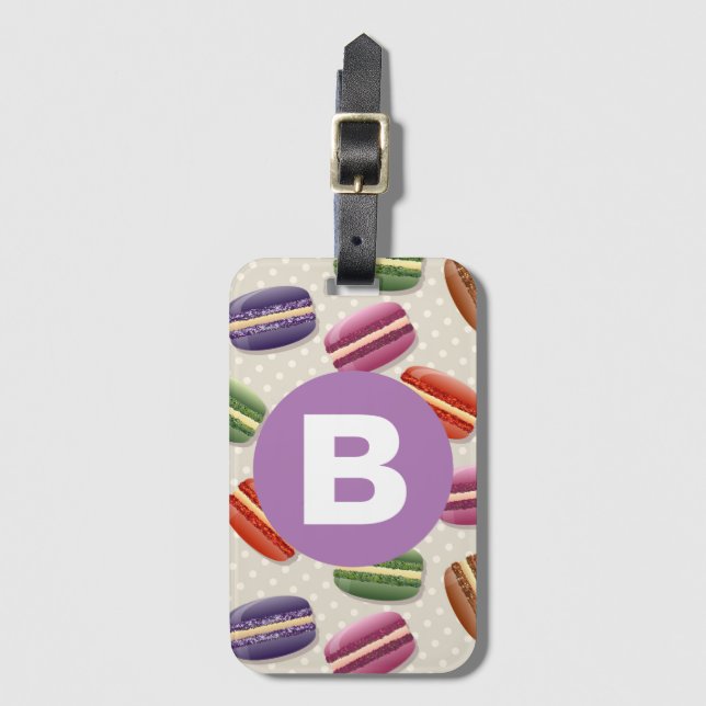 Cute Macaroon Pattern Dotty Purple Monogram Luggage Tag (Front Vertical)