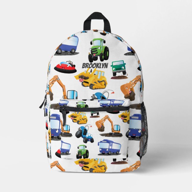 Cute machinery cars cartoon pattern printed backpack (Front)