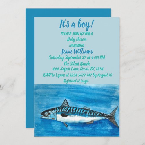 Cute Mackerel Under the sea nautical Blue Baby Boy Invitation
