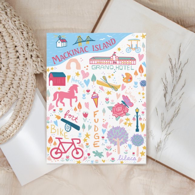 Cute Mackinac Island Michigan Favorite Things Map Postcard (Creator Uploaded)