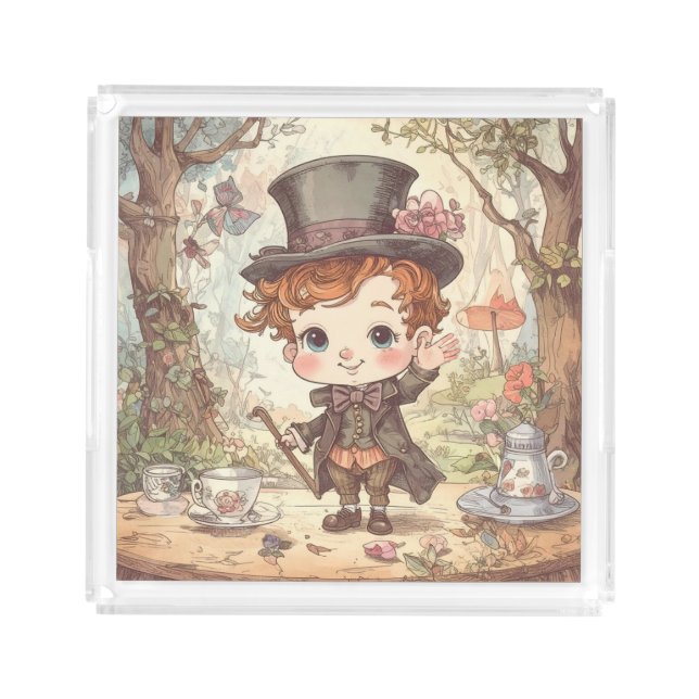 Cute Mad Hatter Whimsical Wonderland Woodland Art Acrylic Tray (Front)