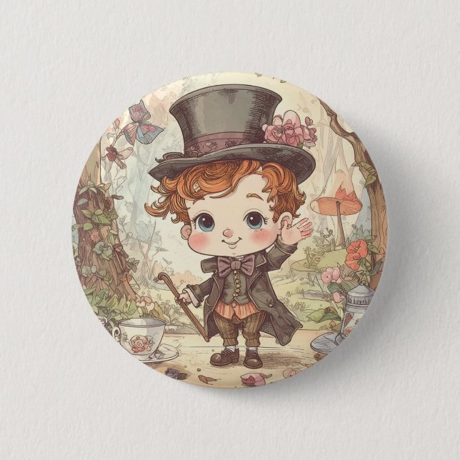 Cute Mad Hatter Whimsical Wonderland Woodland Art Button (Front)